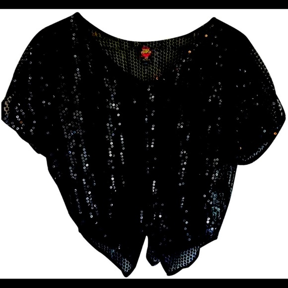 Vintage Free People Black Sequin Sheer Cap Sleeve Blouse - Picture 4 of 16